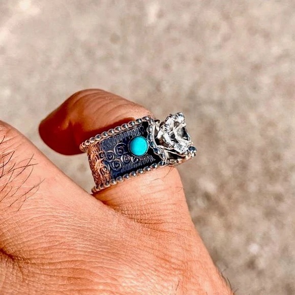 Navajo Kingman Turquoise and Topaz Engagement Cuff Ring - Picture 8 of 8